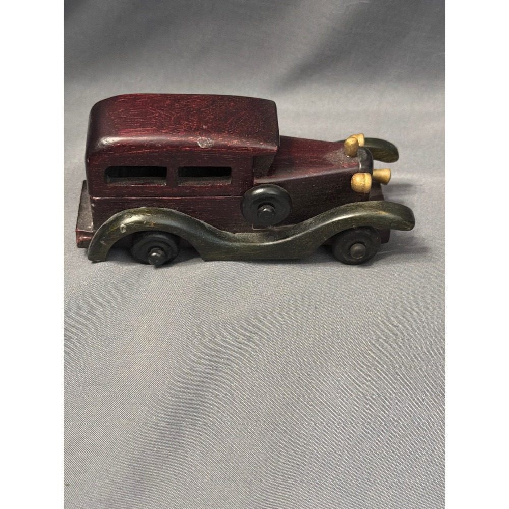 Vintage Wooden Model Car Burgundy Green Handcrafted Decorative Classic Sedan